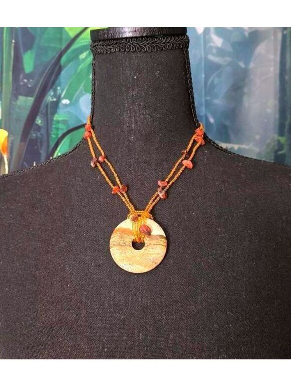 Boho Beaded Statement Necklace with Round Jasper Stone Pendant